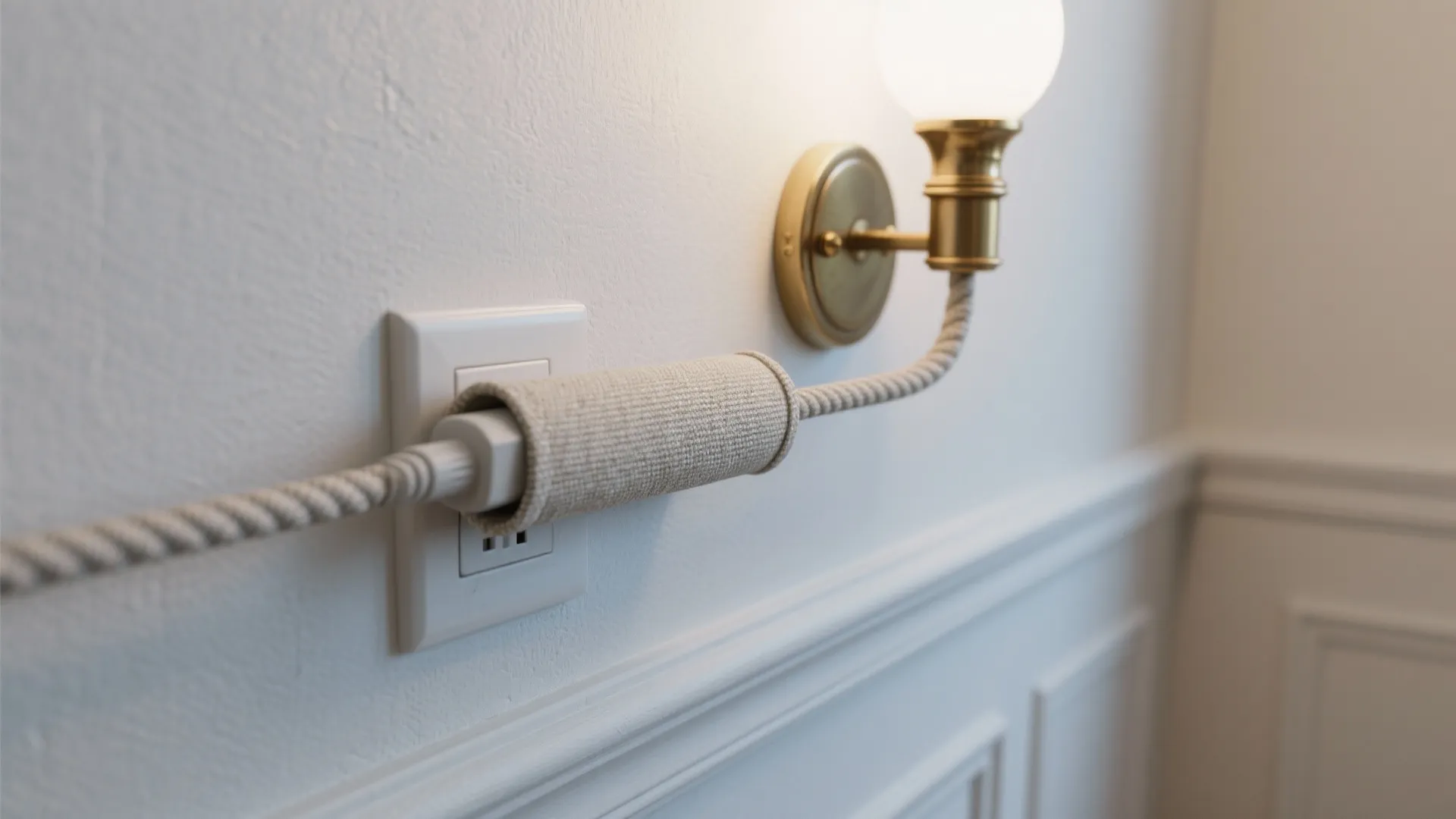 Close up of a fabric cord cover connecting a brass wall light to a power outlet
