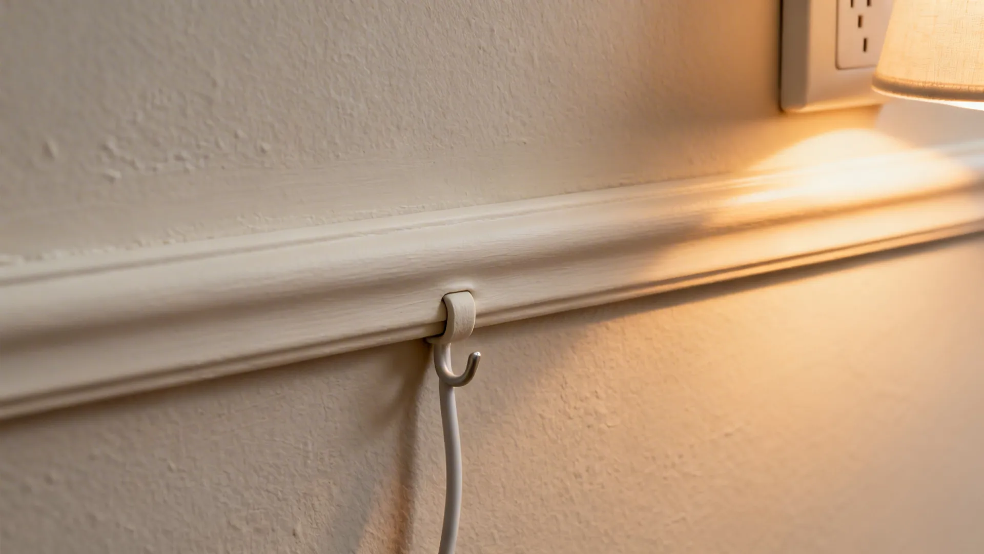 Close-up of a color-matched cord cover blending into wall trim for a plug-in sconce.