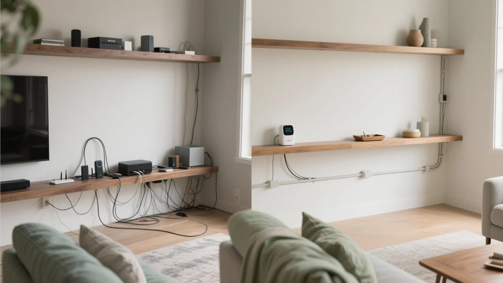 Calm tech and clutter management: concealed cords, smart scenes, and mindful displays