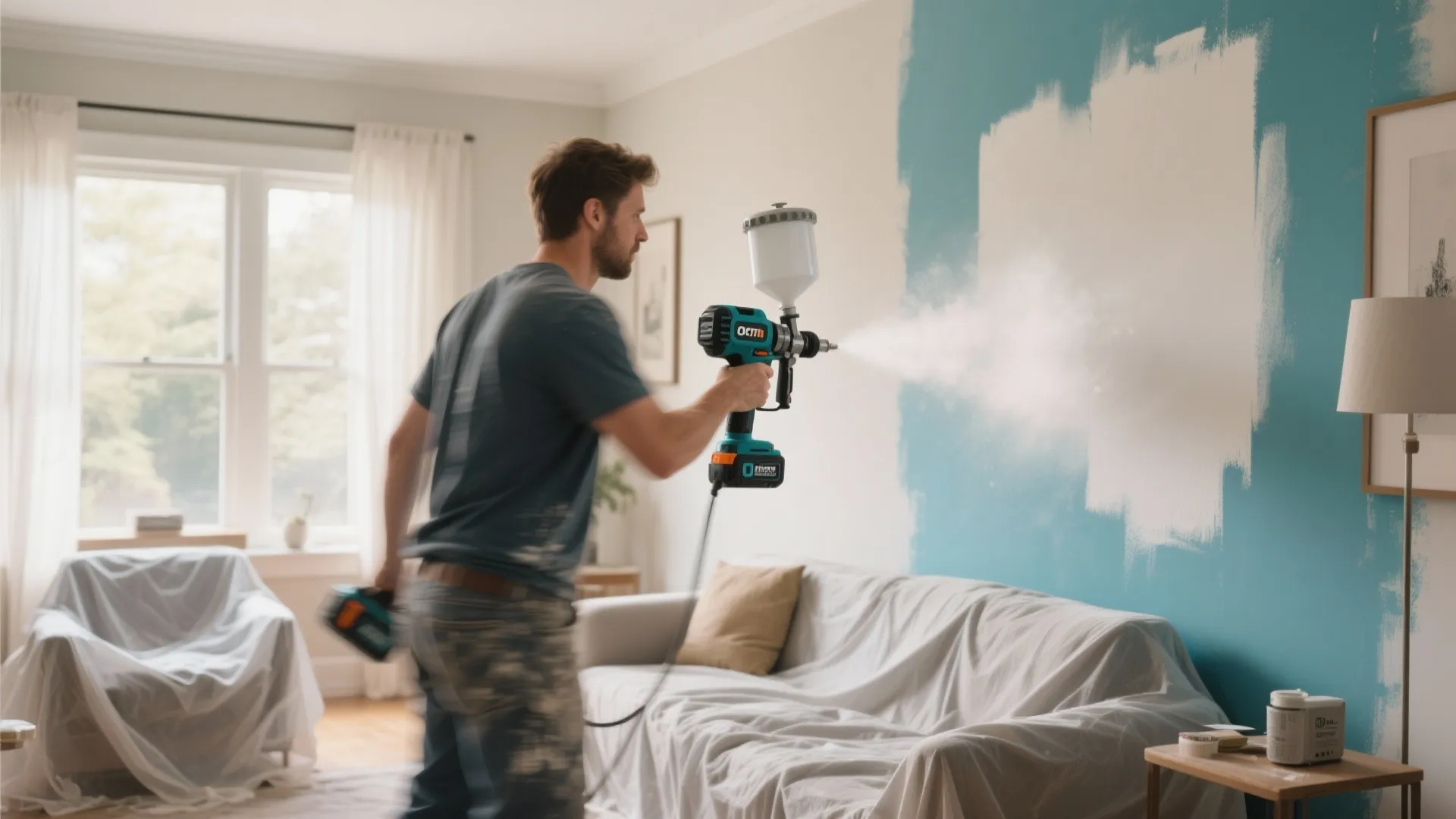 Painter using a cordless airless sprayer to quickly coat a living room wall with masking and drop cloths in place.