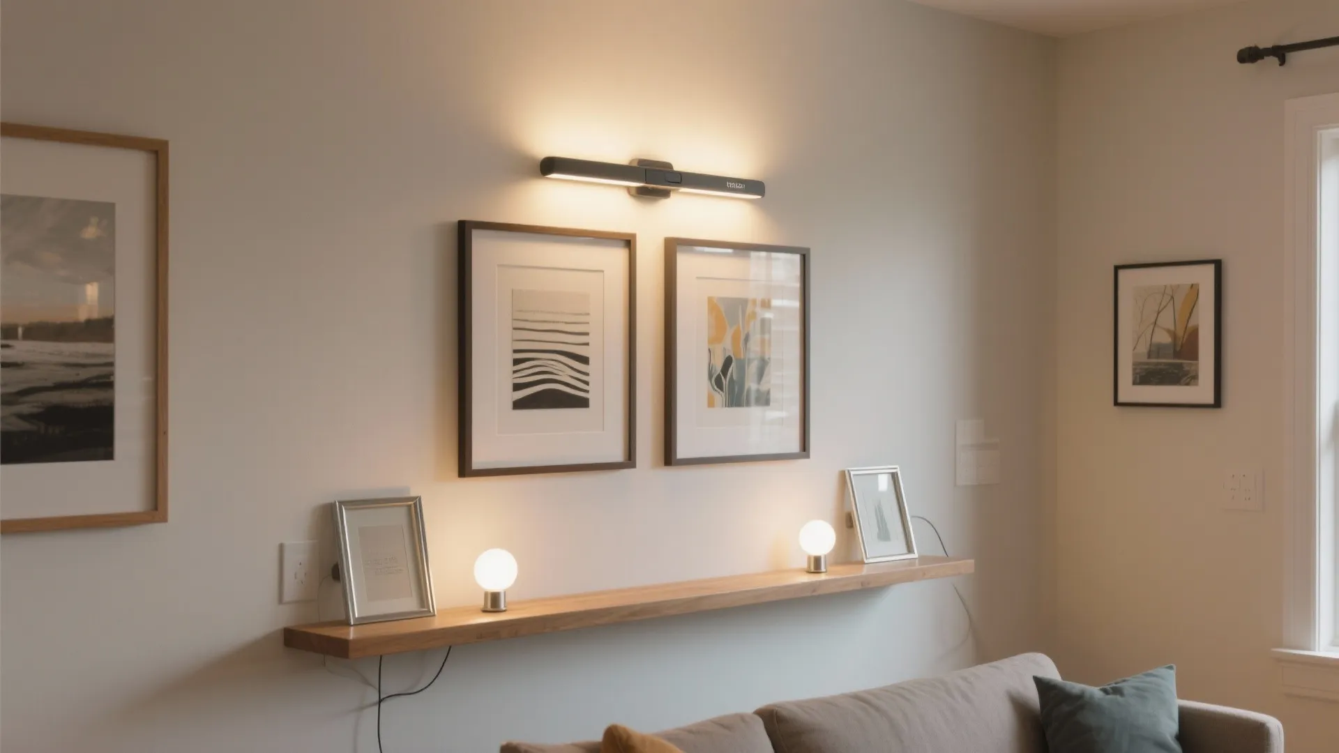 Modern wall art display with black light fixture above frames on a floating wooden wall shelf