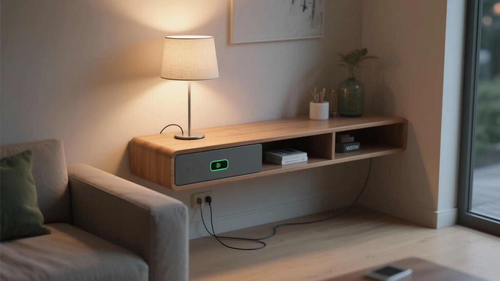 Charging tables and cordless lamps for clean, cable-free corners