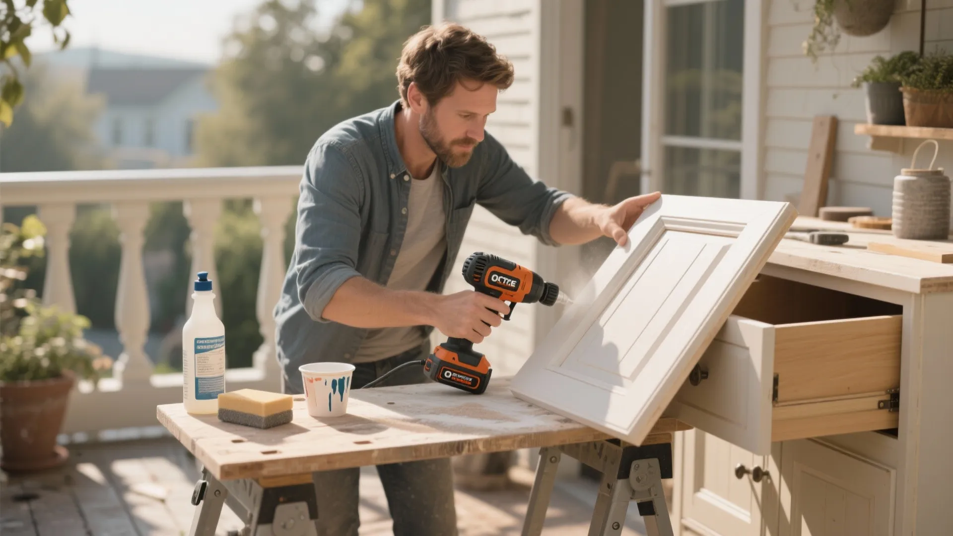 Man using a cordless sprayer to apply white paint onto a wooden cabinet door outside