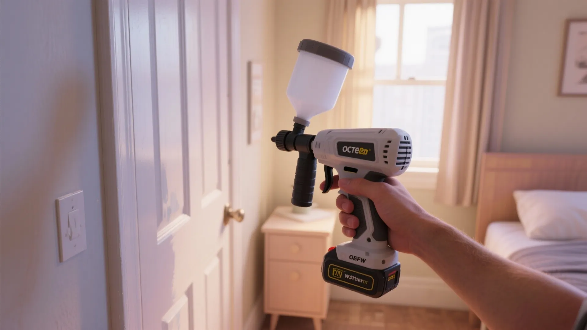 Hand holding a white cordless paint spray tool towards a white door in a bedroom