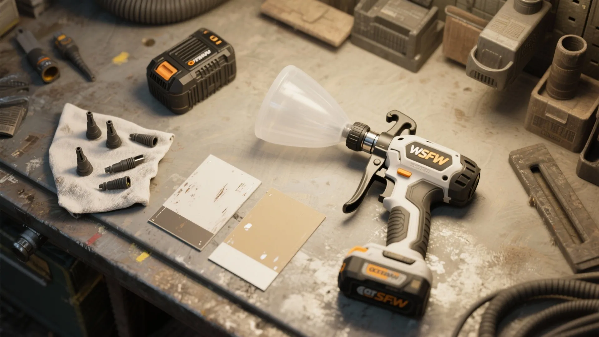 Top-down flatlay of a cordless battery sprayer with spare tips and test panels on a workbench.