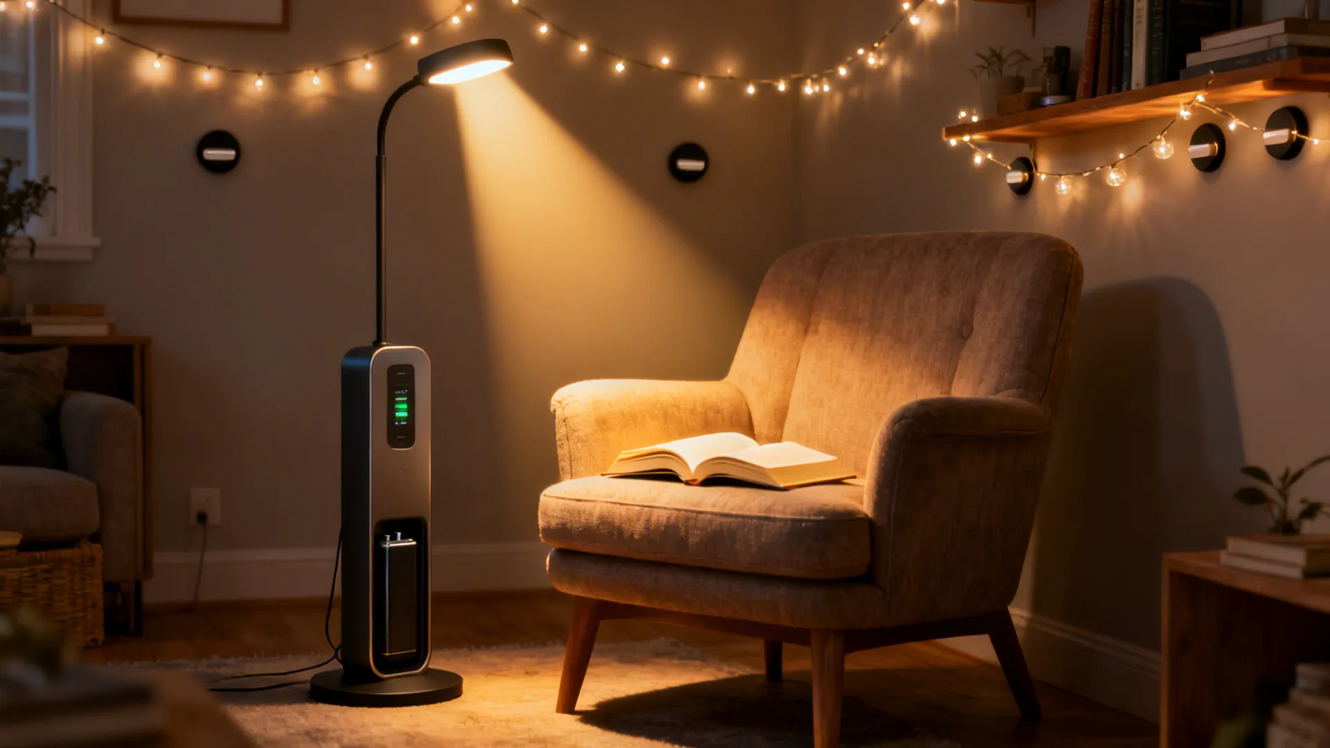 Portable cordless floor lamp providing warm task light in a small living room reading corner