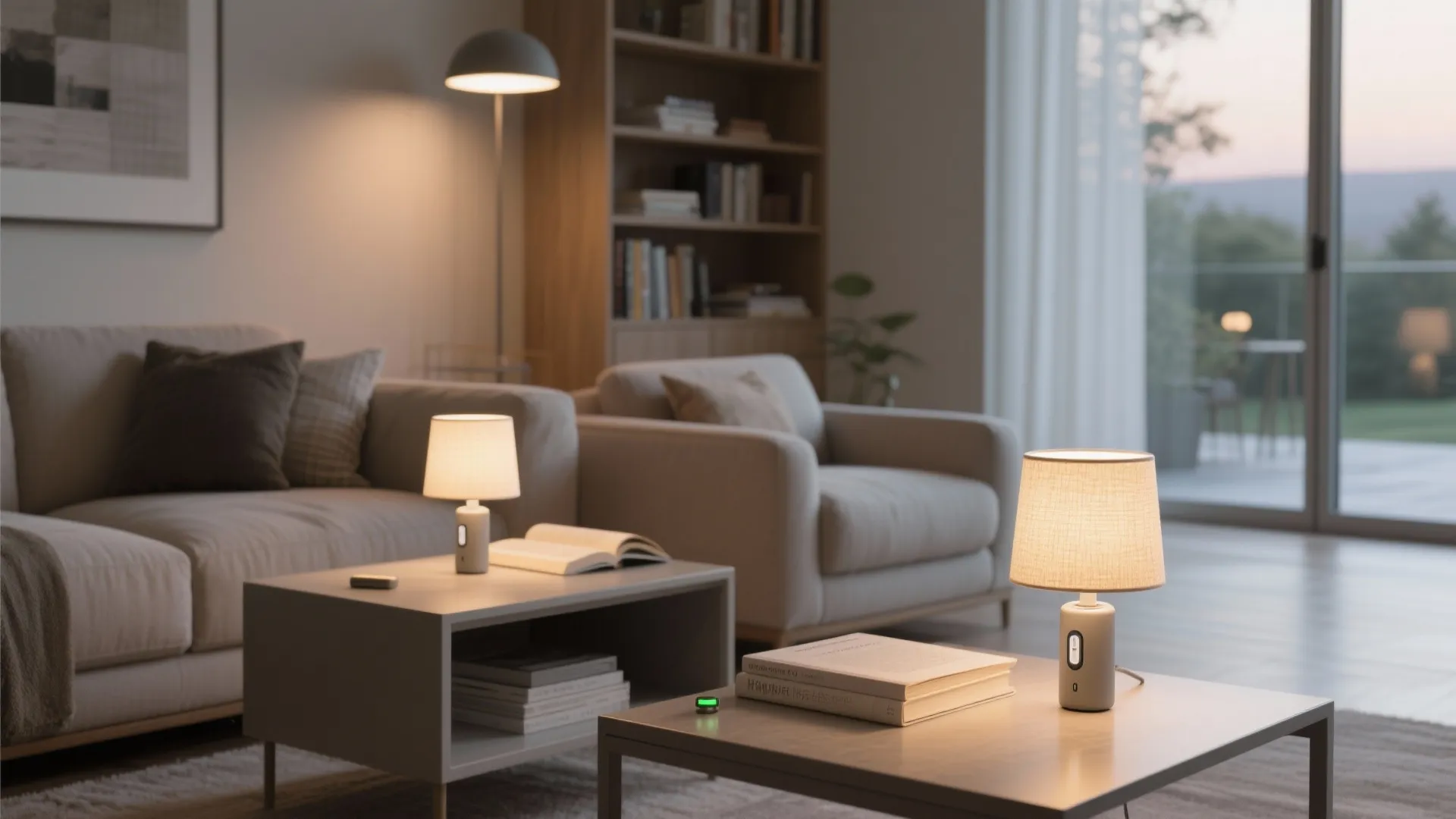 Modern living room interior featuring two small cordless table lamps placed on grey coffee tables