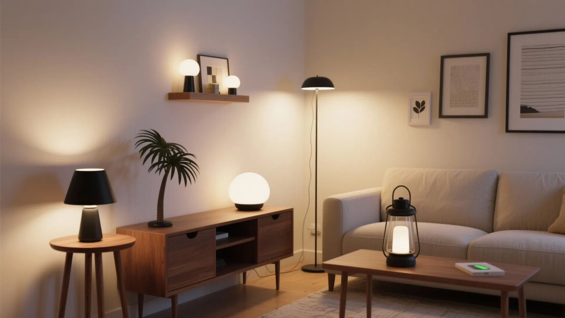 Modern living room with beige sofa wooden cabinet coffee table floor light and warm wall lights