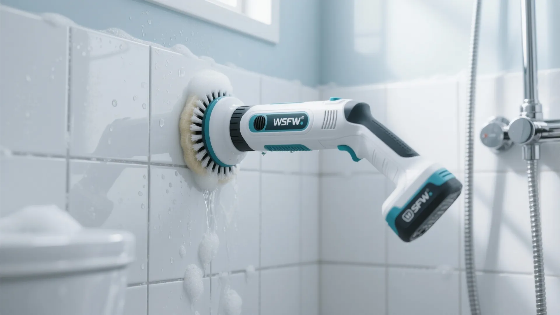 Cordless power scrubber cleaning white ceramic shower tiles and grout.
