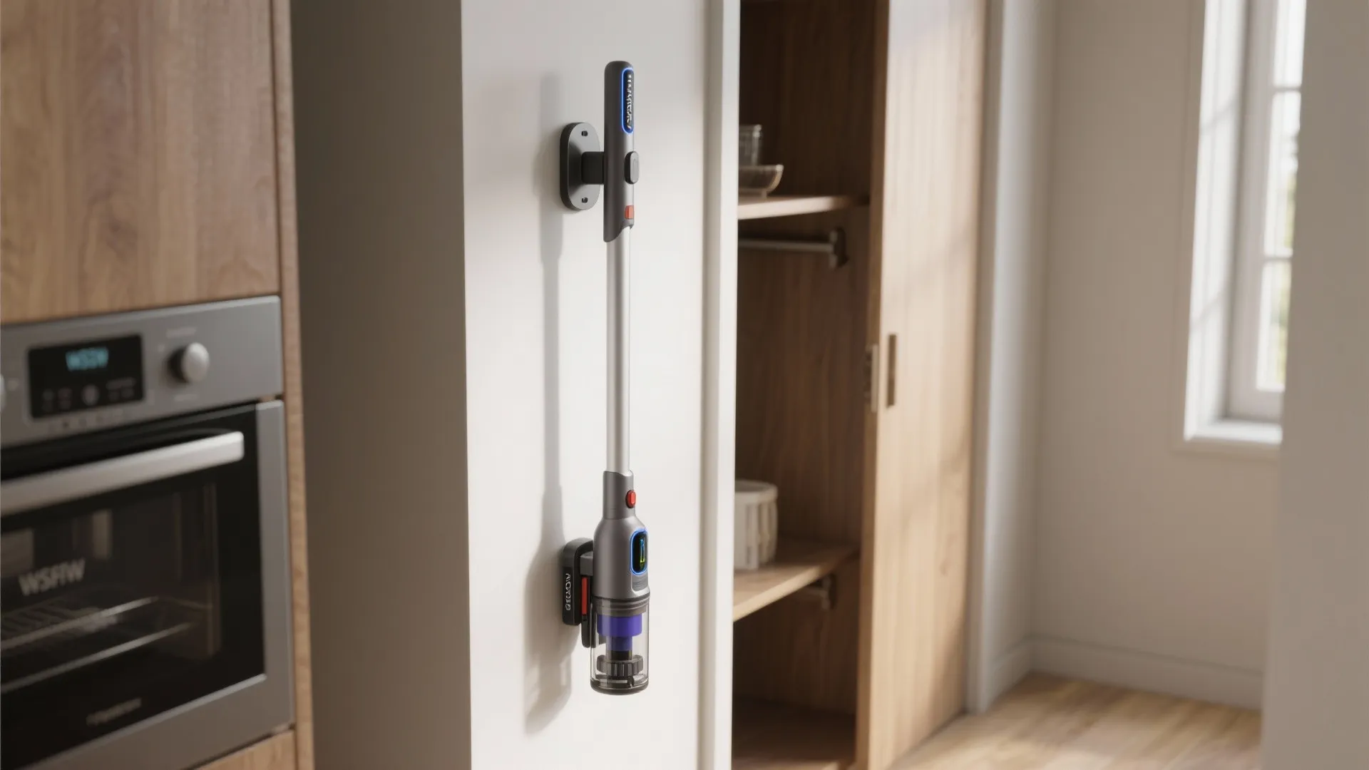 Cordless vacuum cleaner mounted on white wall near wooden cabinet in a bright modern kitchen