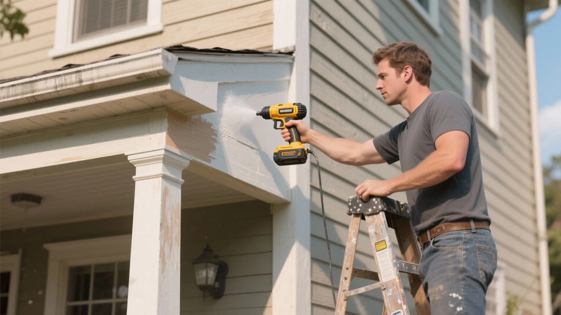 Man on wooden ladder using small yellow handheld power sprayer to paint white house exterior