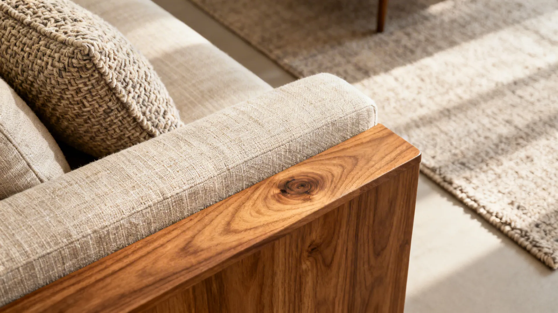 Close-up of linen upholstery, boucle pillow, oak console, and neutral rug textures.