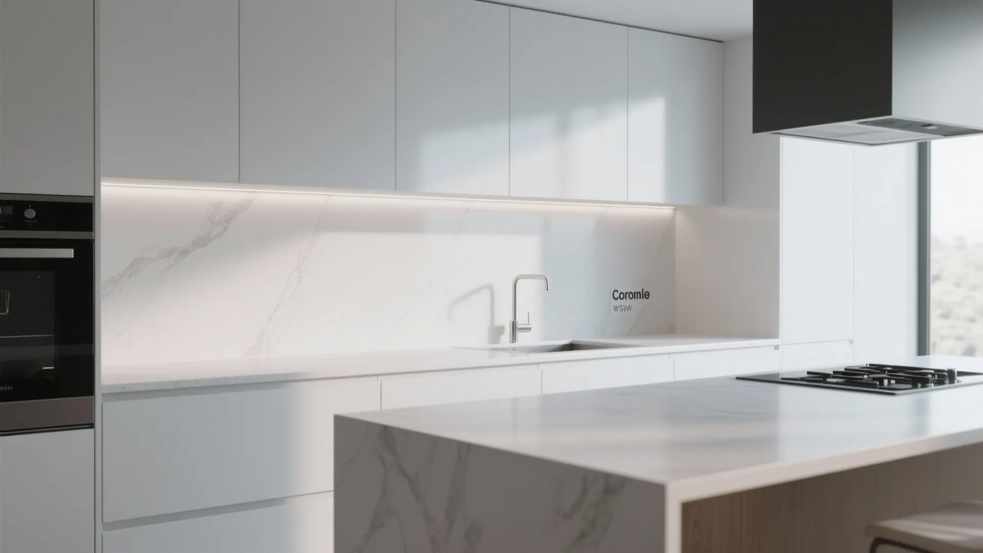 Minimalist white kitchen with marble wall panel under cabinet light fixture sink and large island