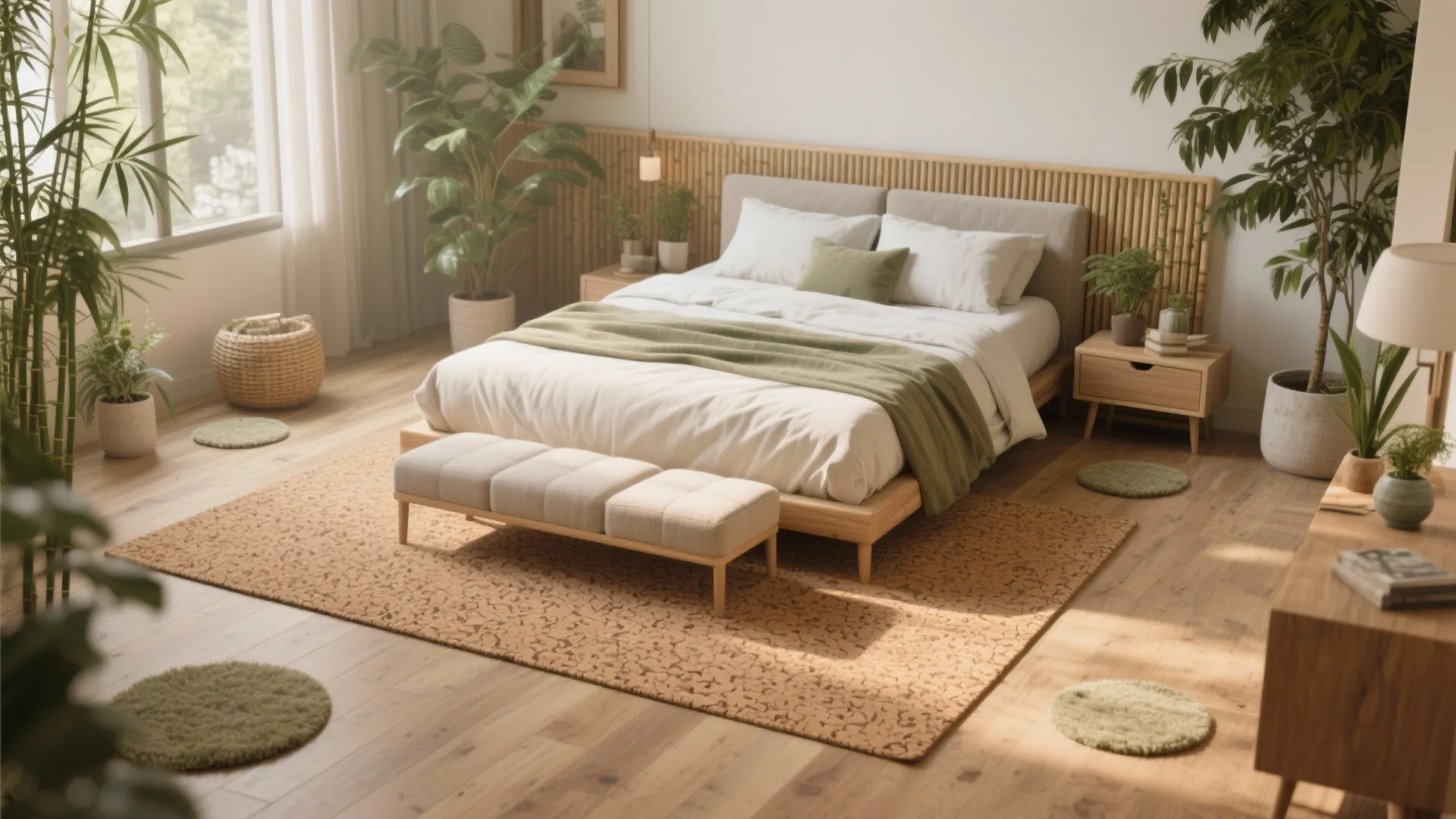 Modern eco-friendly bedroom with bamboo wall panel, wooden floor, green plants, and soft natural light