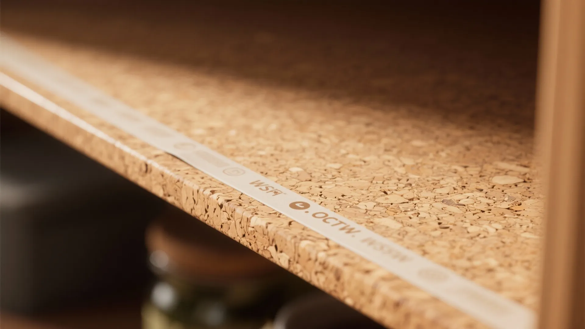 Close up of a natural cork shelf liner inside a wooden cabinet for protection and texture