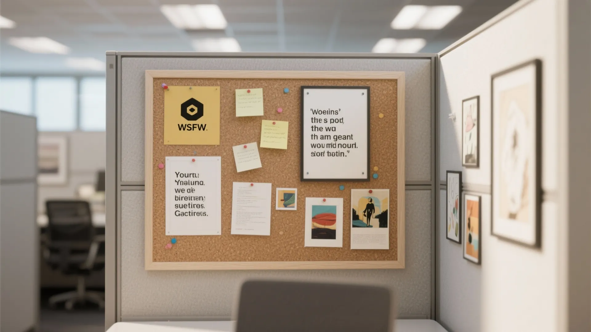 Office cubicle wall with a cork board holding sticky notes posters and framed art prints