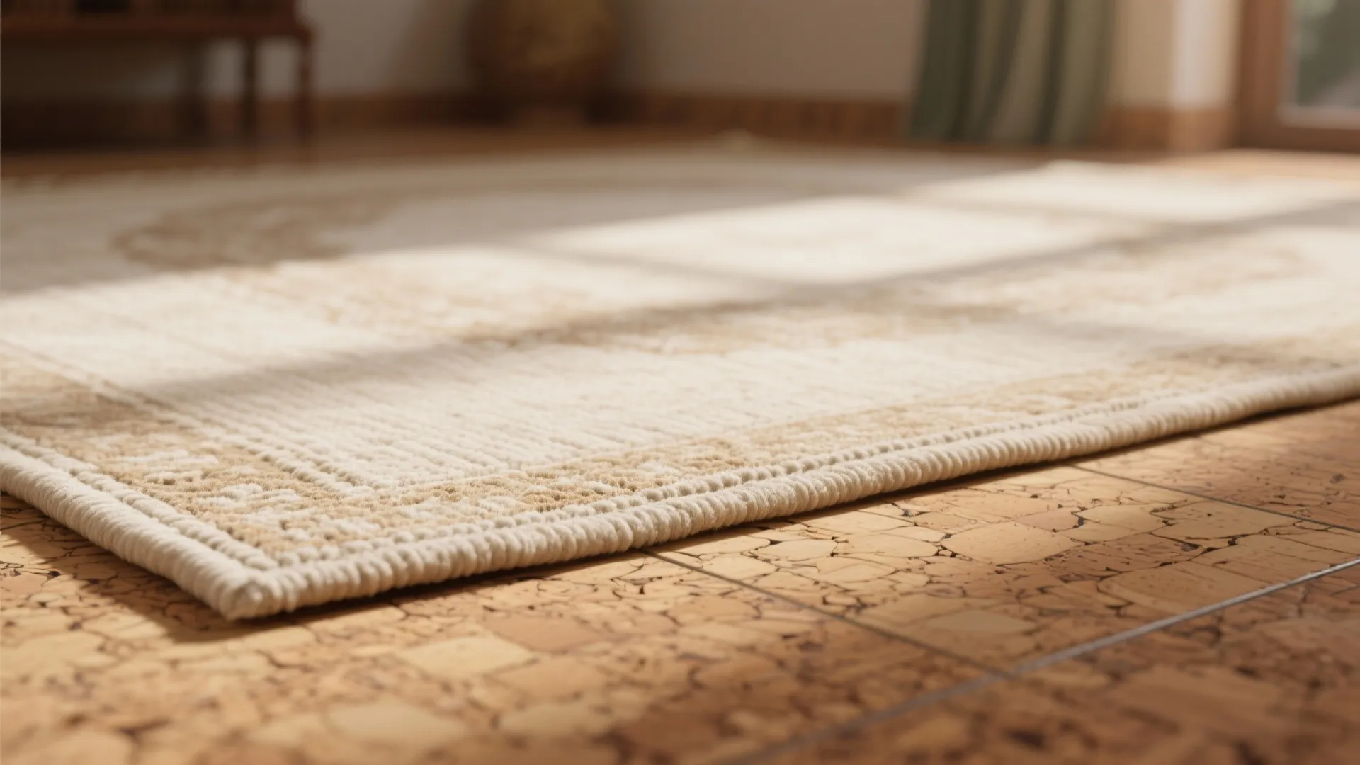 Cream woven rug on textured brown cork floor with warm light from a large window
