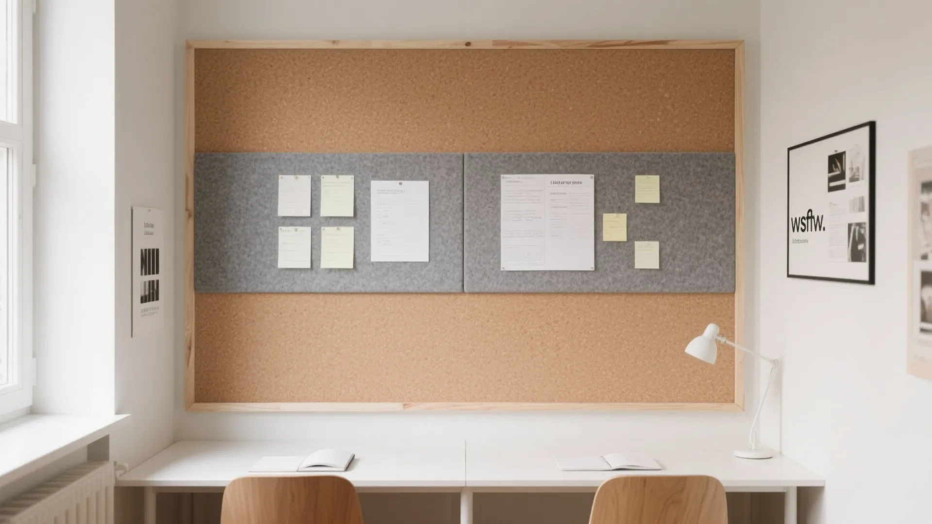 Large cork board with grey fabric panels and notes above a white desk and chairs