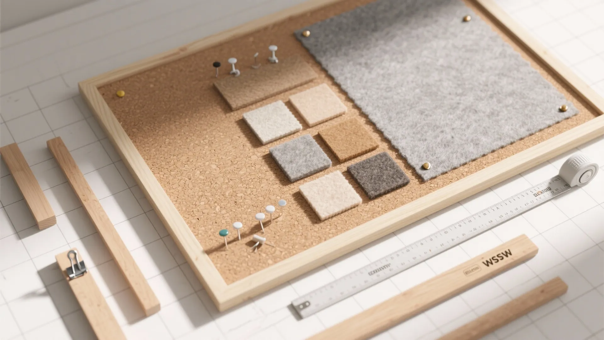 Cork board with square fabric samples and pins next to a ruler on white grid