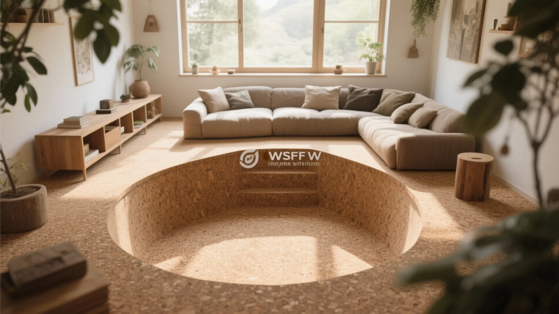 Sunlit living room with cork flooring and a circular sunken seating area near a beige sofa