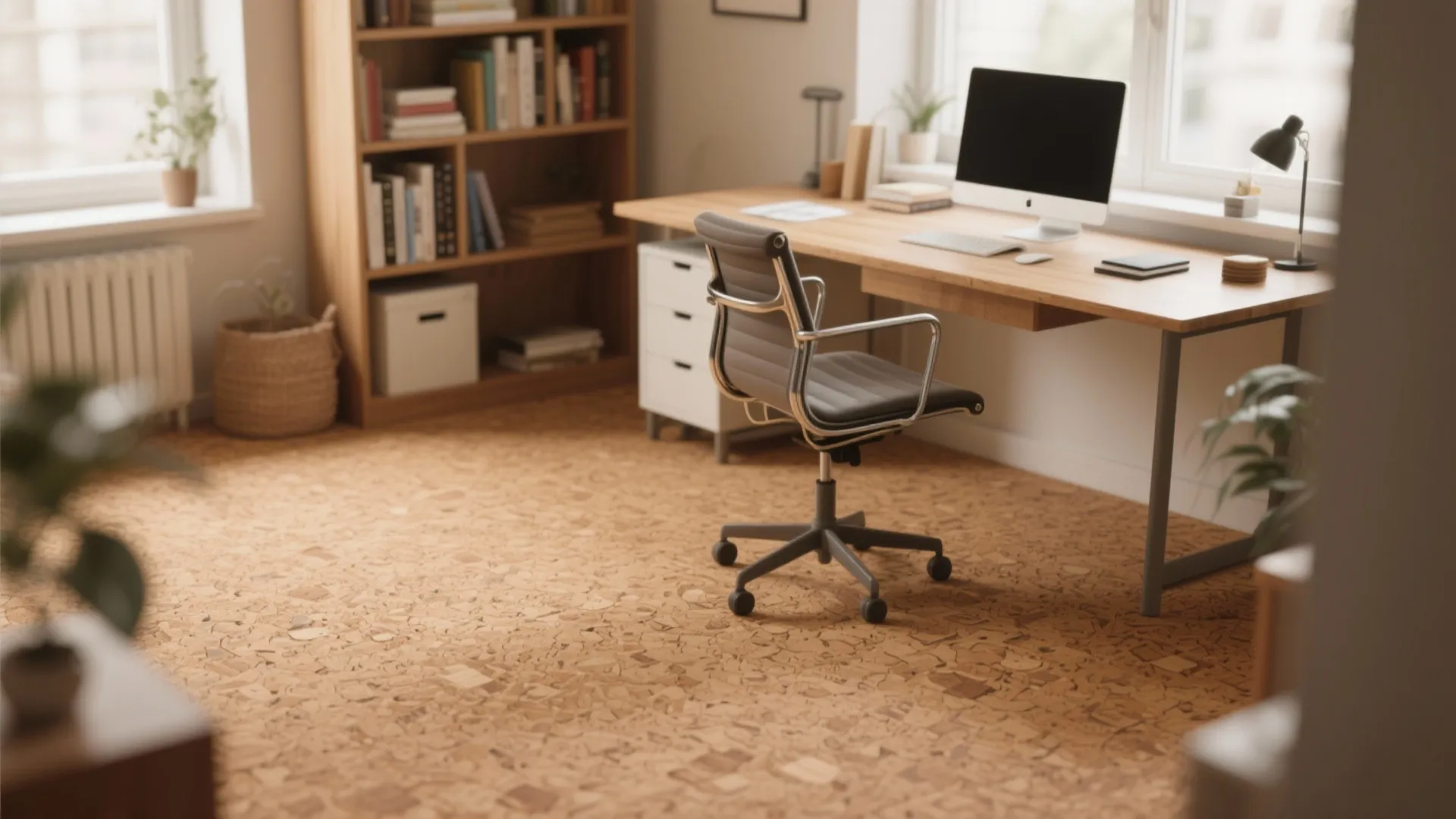 Bright home office with cork floor, wooden desk, computer, grey chair, and large book cabinet
