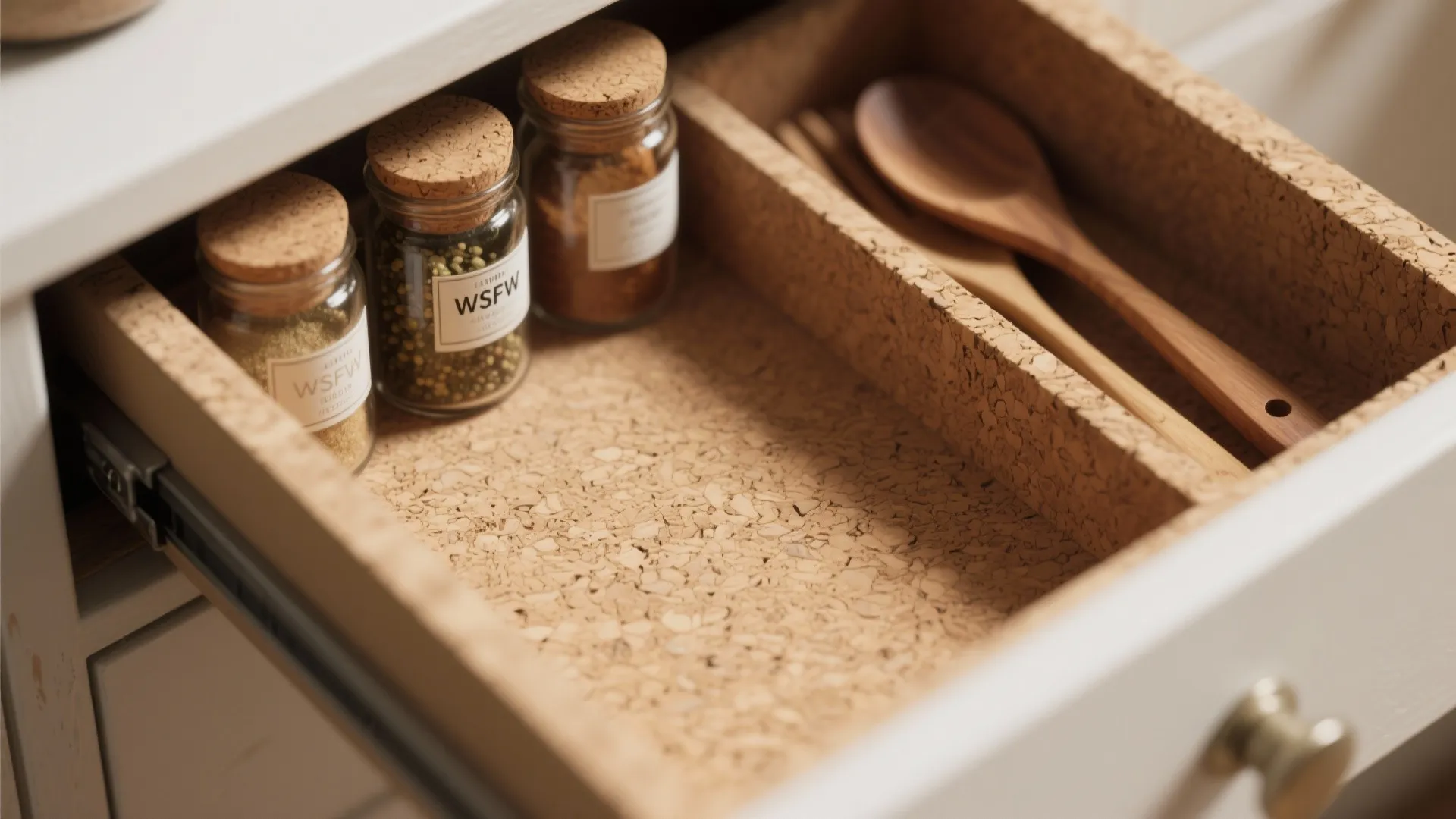 Open kitchen drawer with cork liner holding small spice jars and long wooden cooking spoons