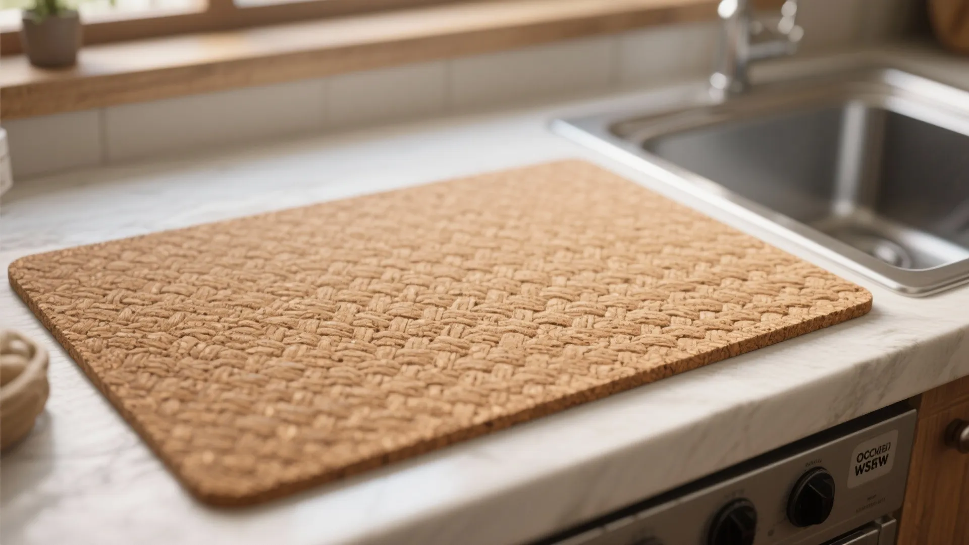 Brown textured cork drying mat placed on a white marble kitchen counter next to sink