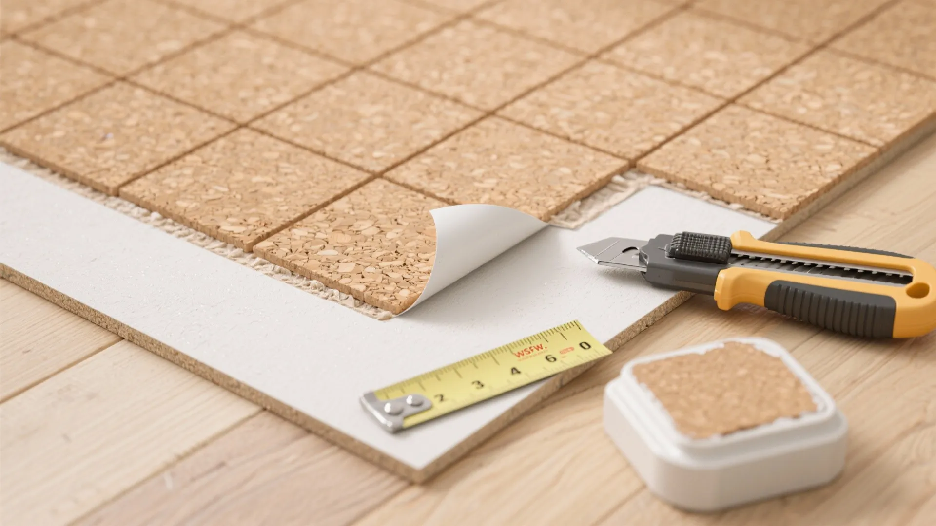 Square cork wall tiles being installed on a white surface with a yellow utility knife