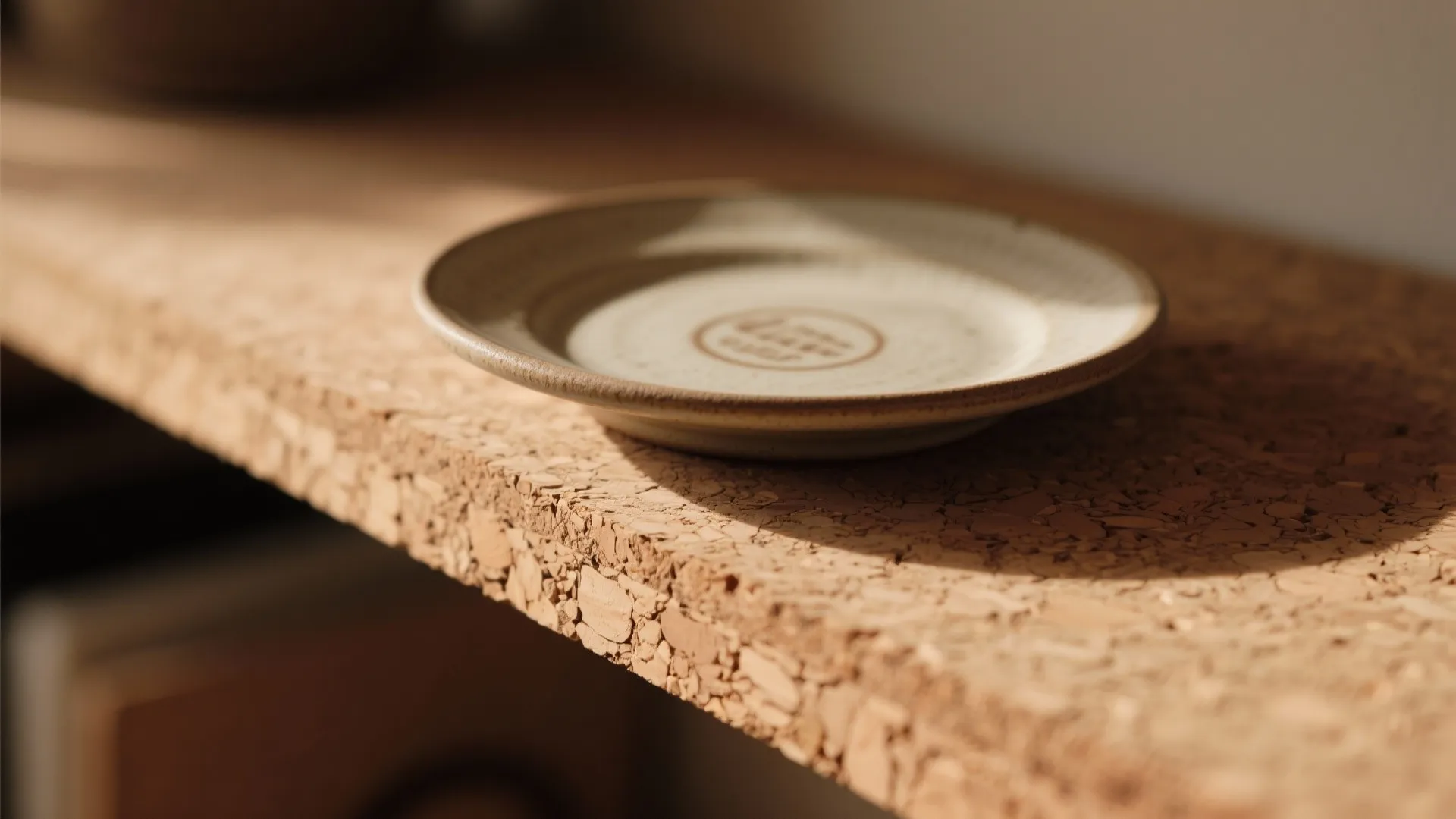 Close up view of a small ceramic plate sitting on a textured brown cork shelf