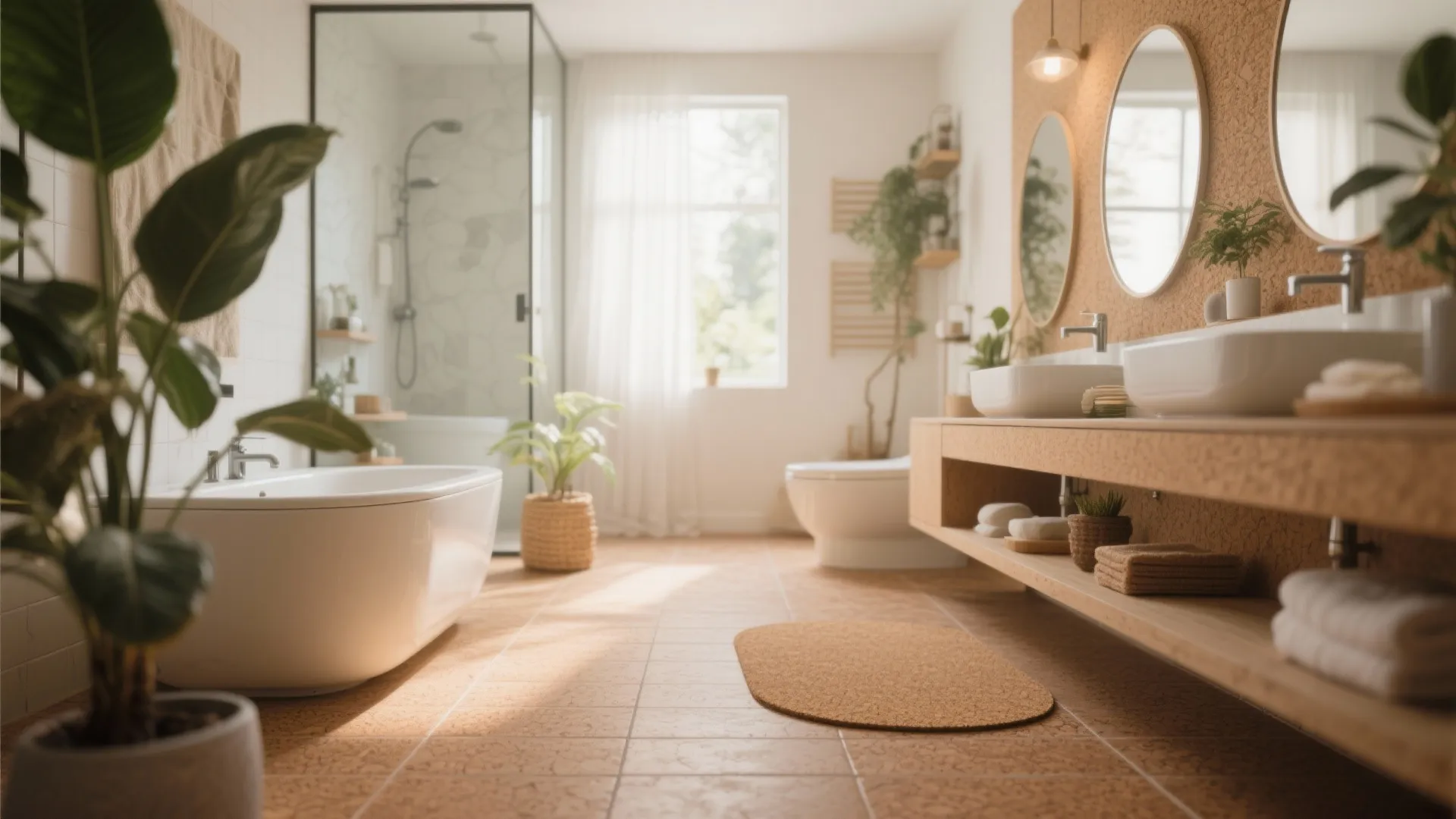 Spacious warm bathroom with white bathtub glass shower and large wooden vanity under round mirrors