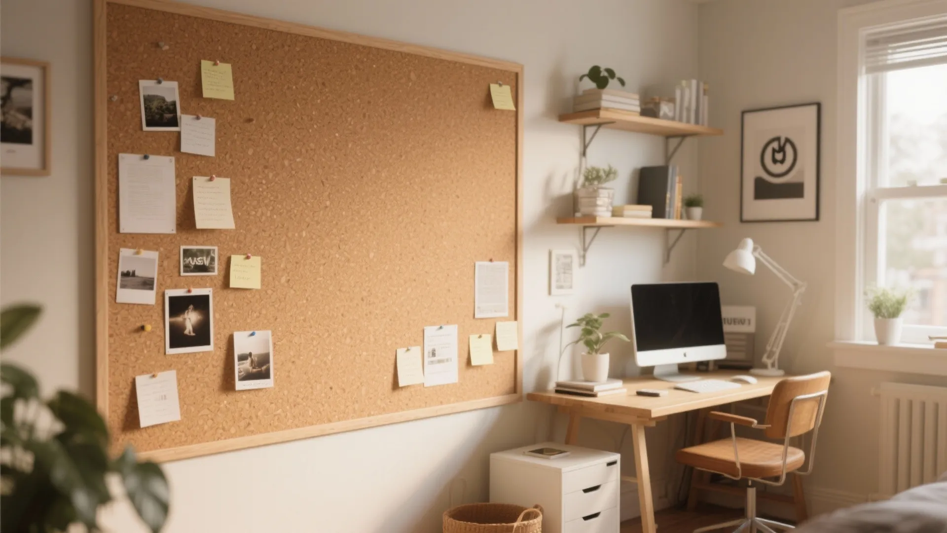 Large cork board on white wall next to wooden desk with computer and desk chair