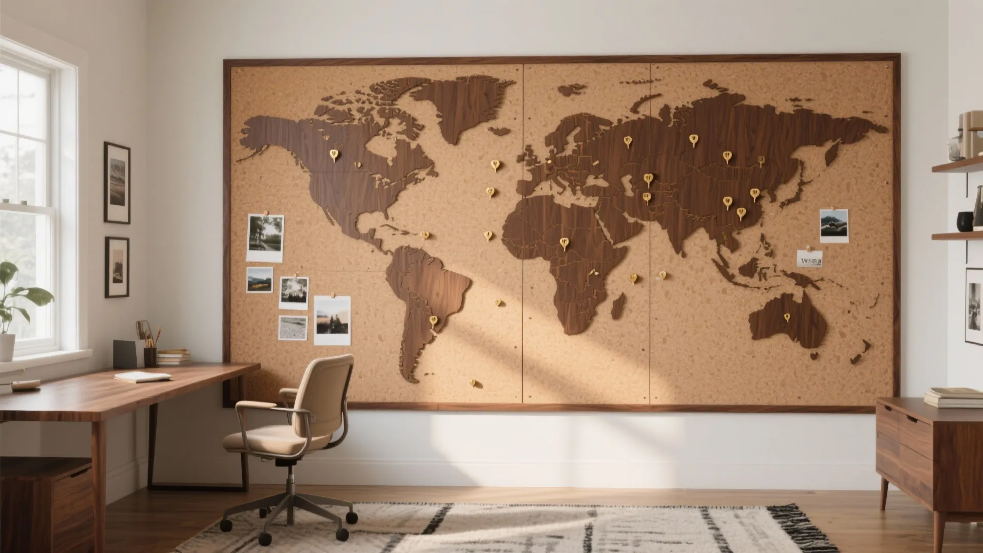 Pinable Cork-and-Wood World Map Wall