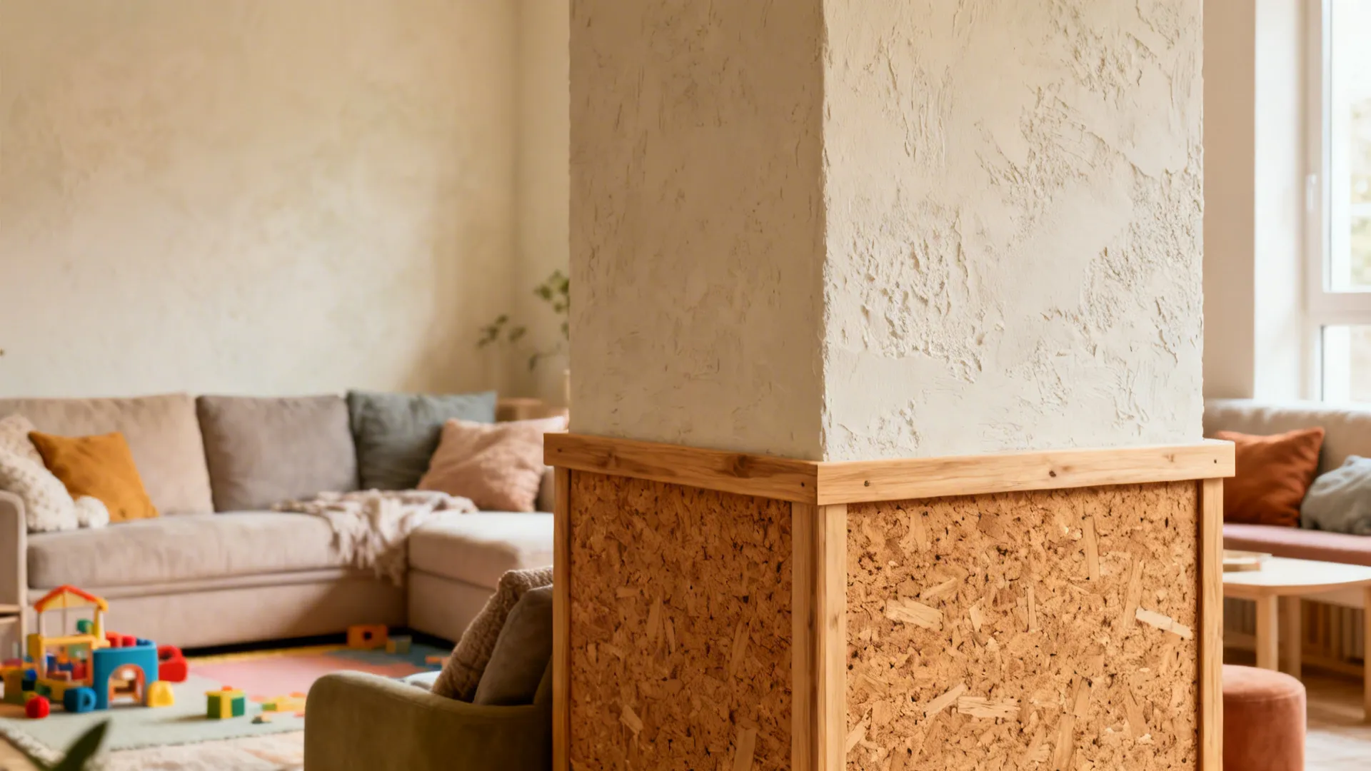 Square column wrapped in cork with timber edge battens beside a softly limewashed wall.