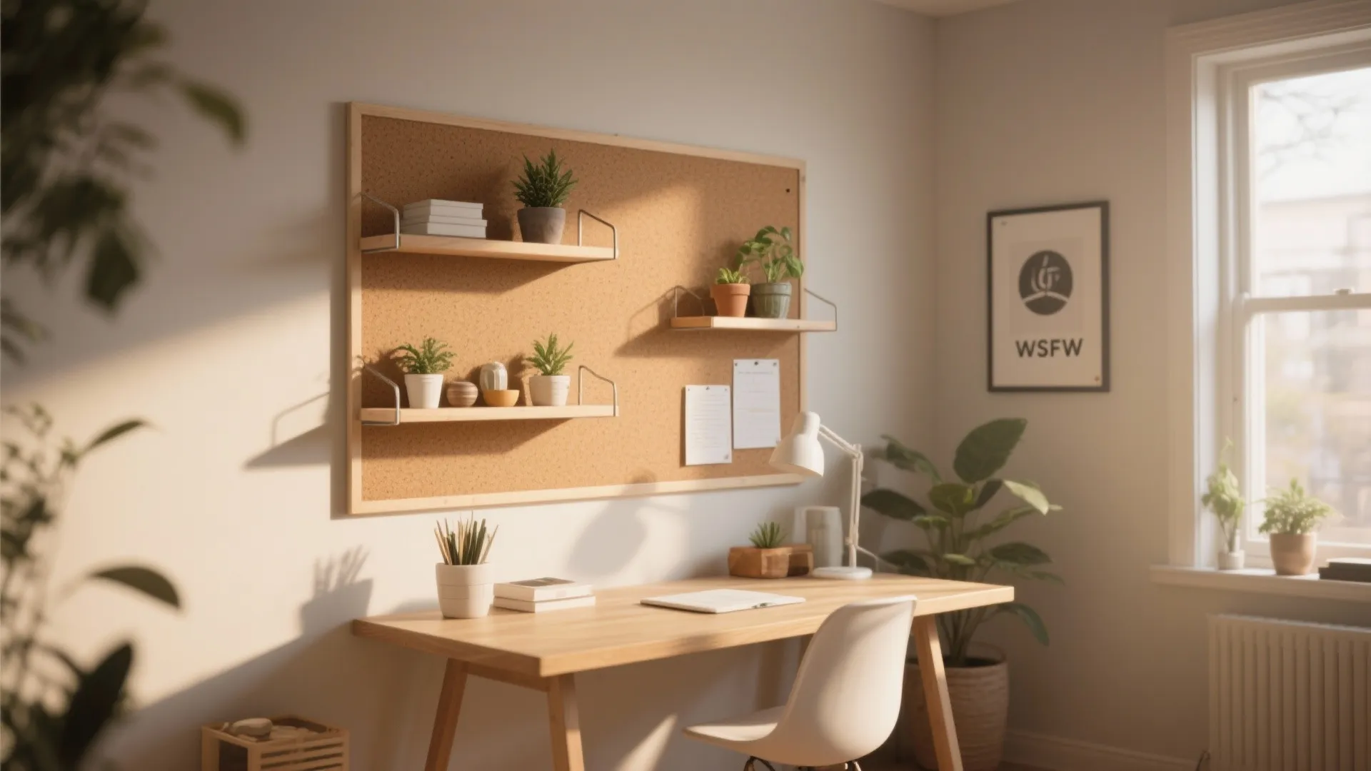 3. Cork Board with Floating Shelves
