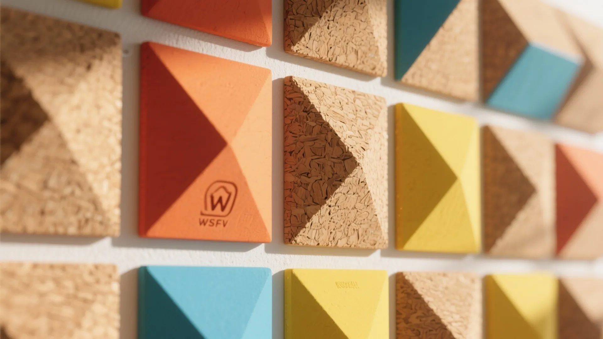 Geometric corkboard panels painted in bright colors on wall