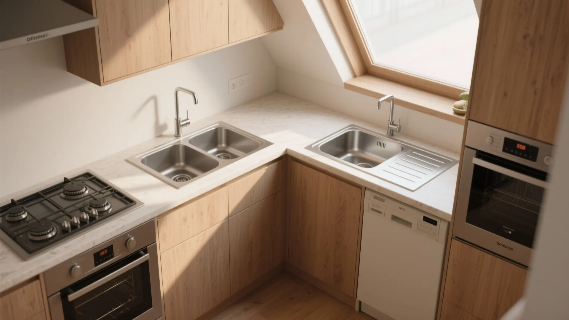 Modern kitchen corner with wooden cabinets, two sinks, gas stove, oven, dishwasher, and roof window