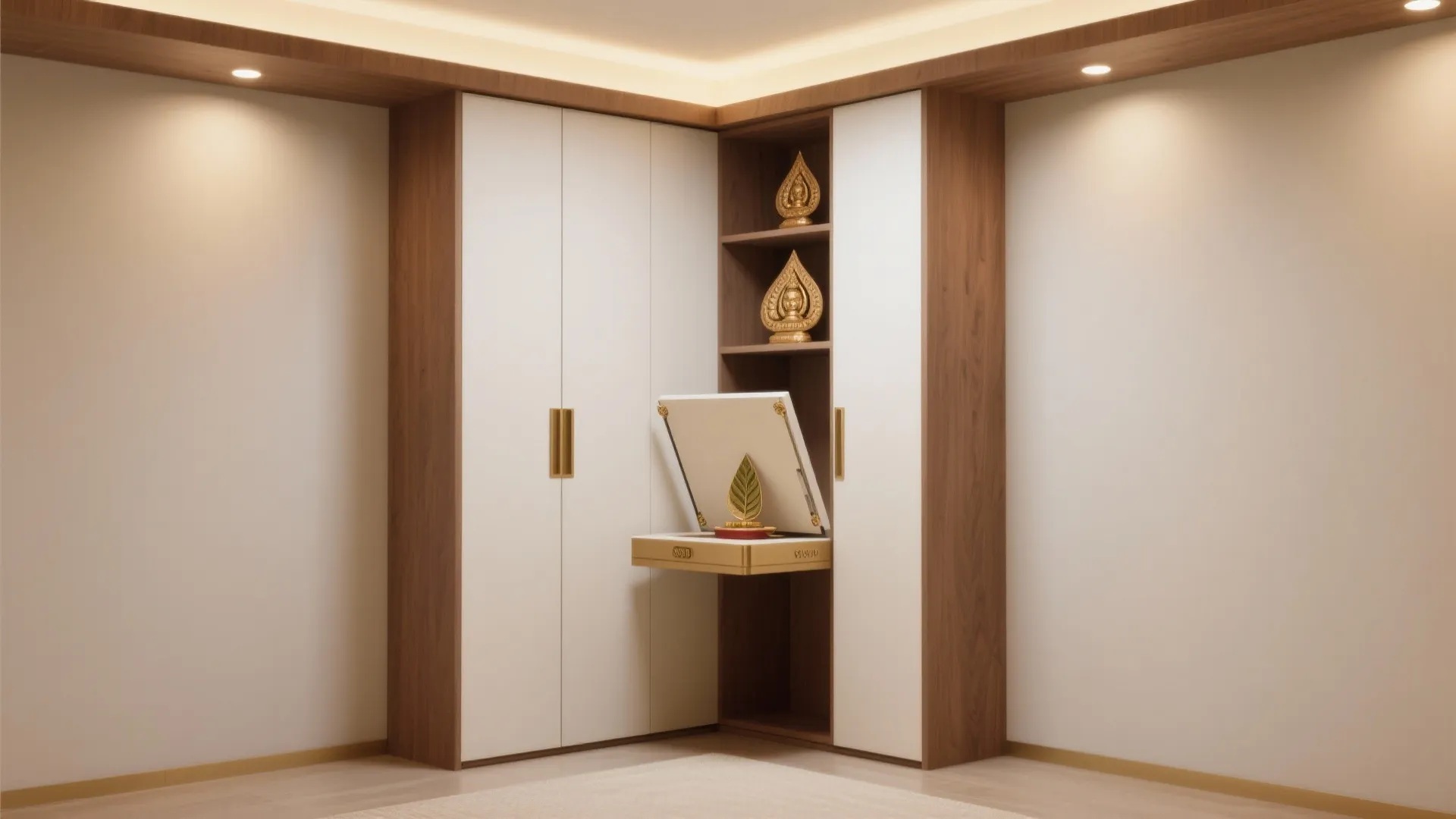 Corner wardrobe design with wood and white panels featuring a small built-in prayer shelf area