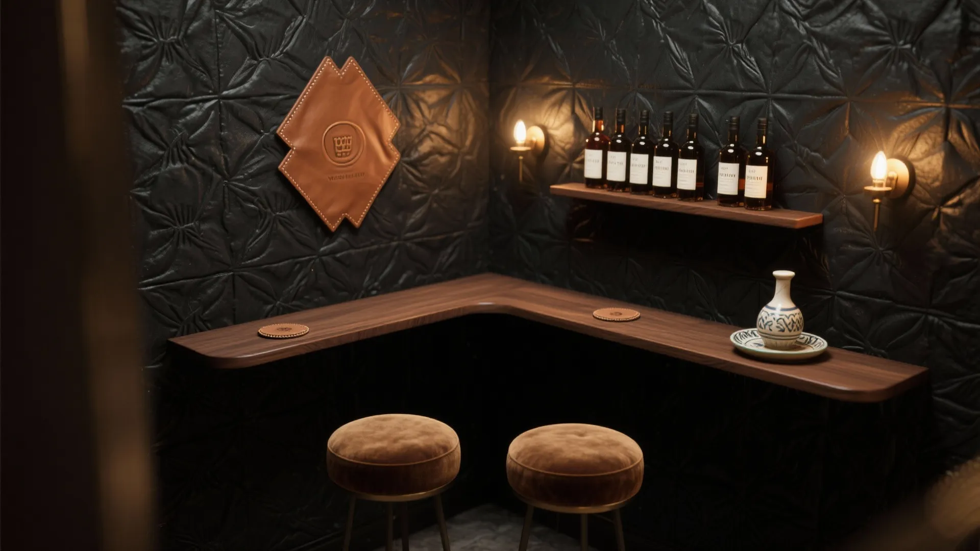 Dark home bar area with black wall panel wooden counter two brown stools and bottles