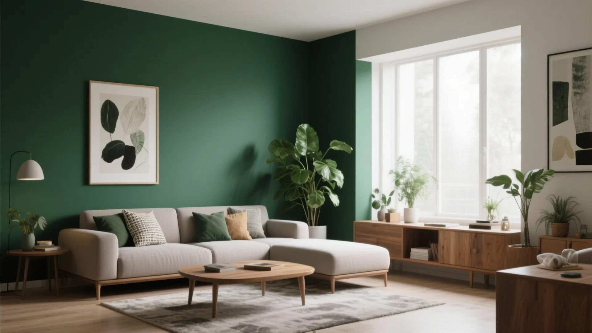 Modern living room featuring a dark green accent wall with beige sofa and wooden coffee table