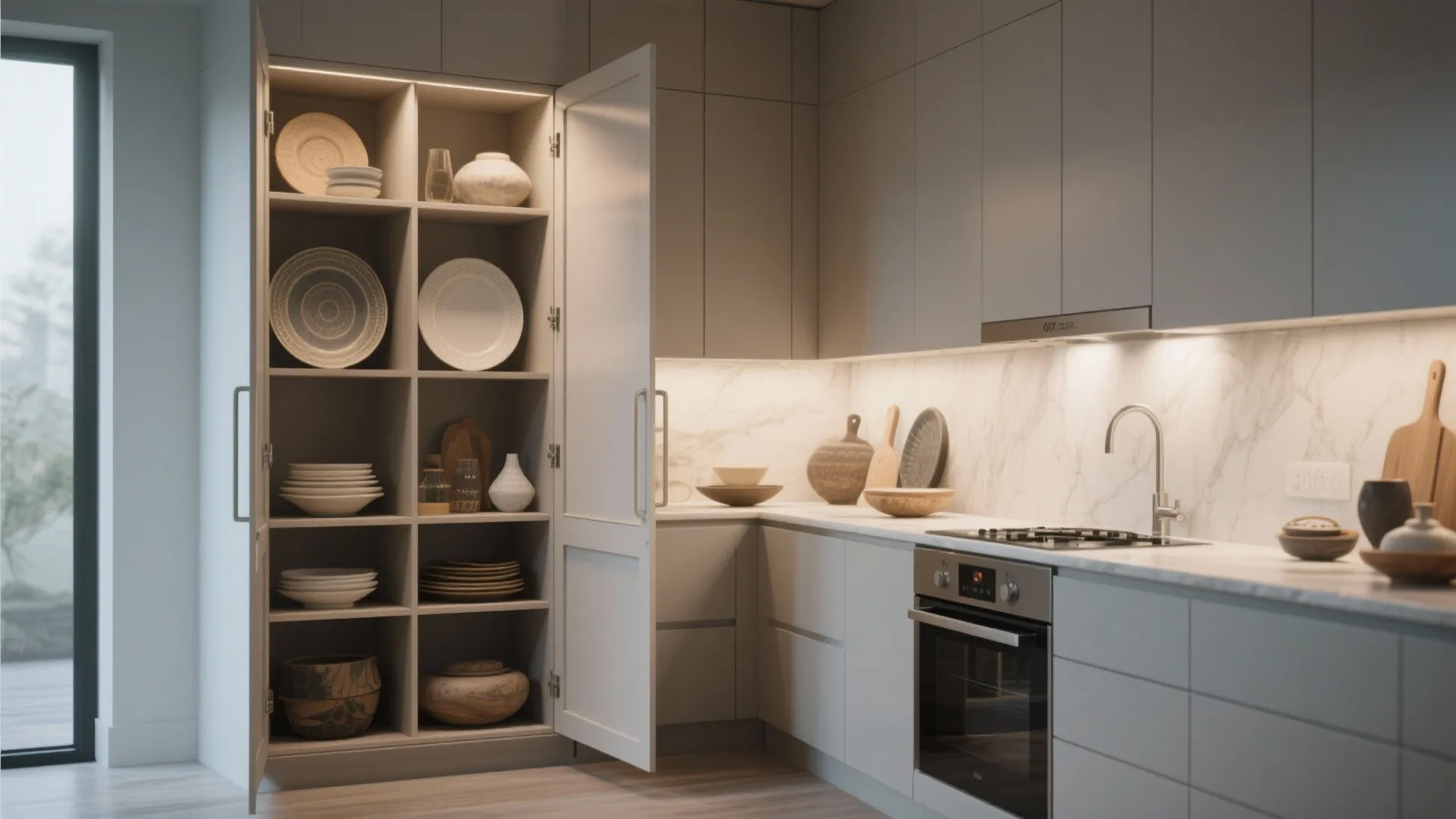 Modern kitchen with grey cabinets and an open tall cabinet showing plates and bowls storage