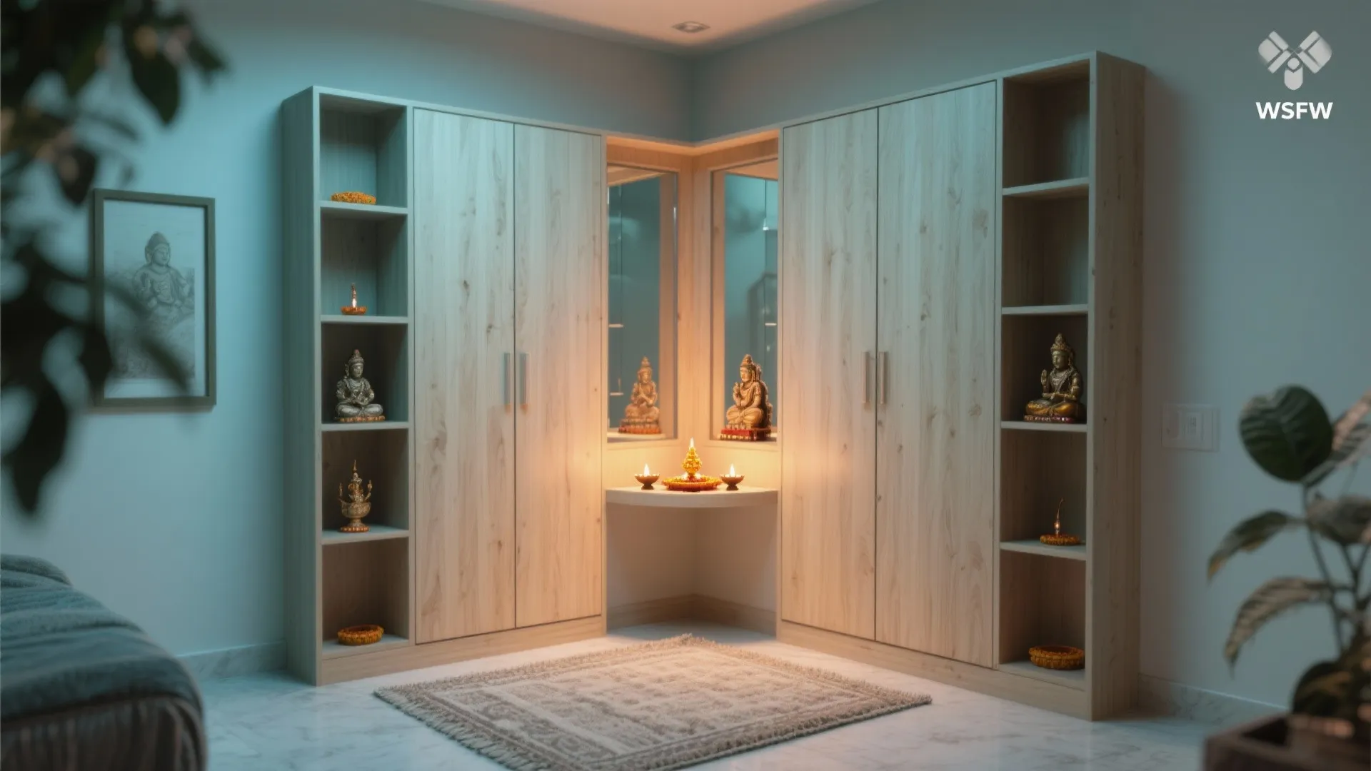 2. Corner prayer alcove with vertical storage