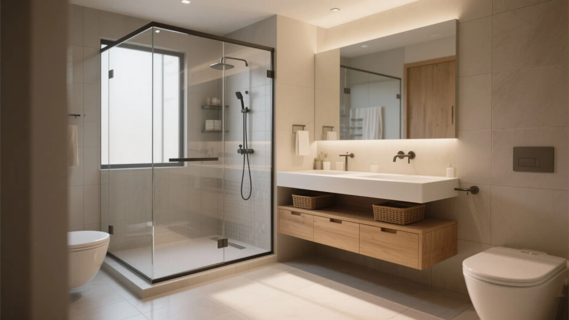 2. Corner alcove shower with floating vanity