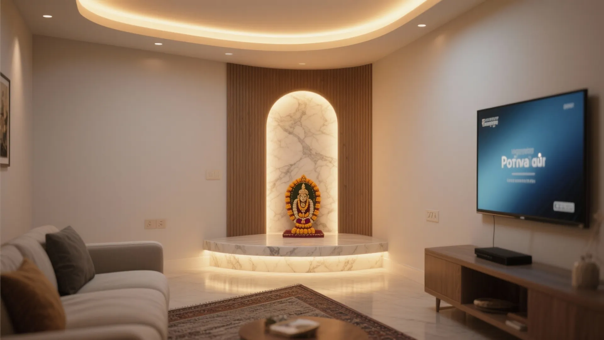 Corner pooja alcove with warm backlit panel and stone-look backdrop in a compact living room.