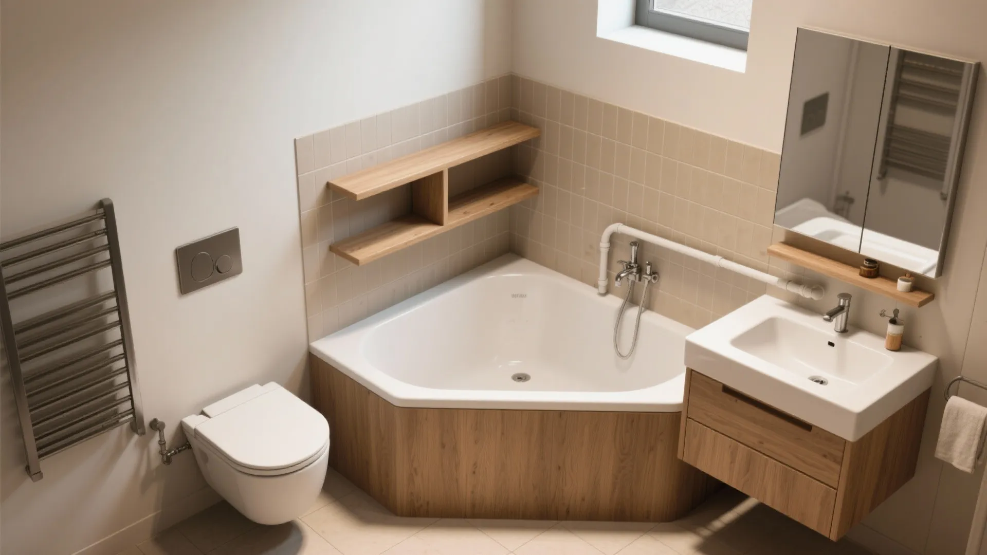 Small bathroom layout with corner bathtub wooden panels toilet white sink and wooden wall shelves