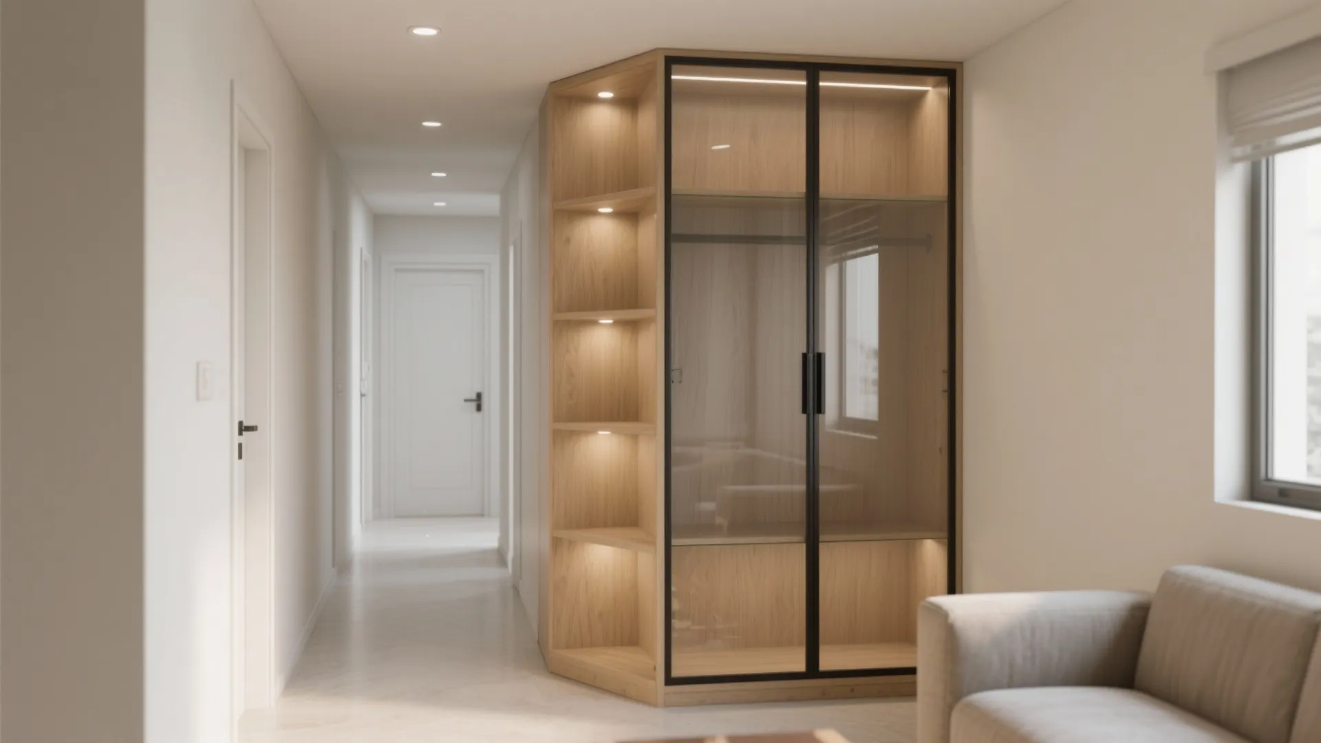 Corner glass almirah to open circulation