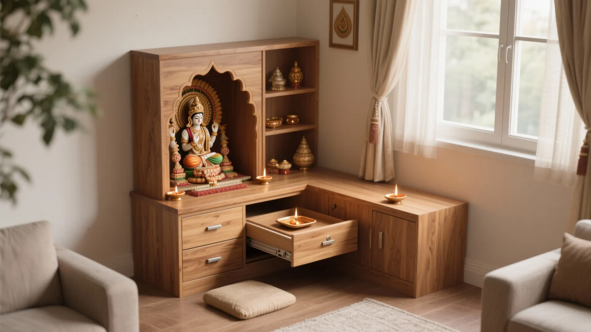 Wooden corner cabinet used as a prayer altar with small statue and candles near window