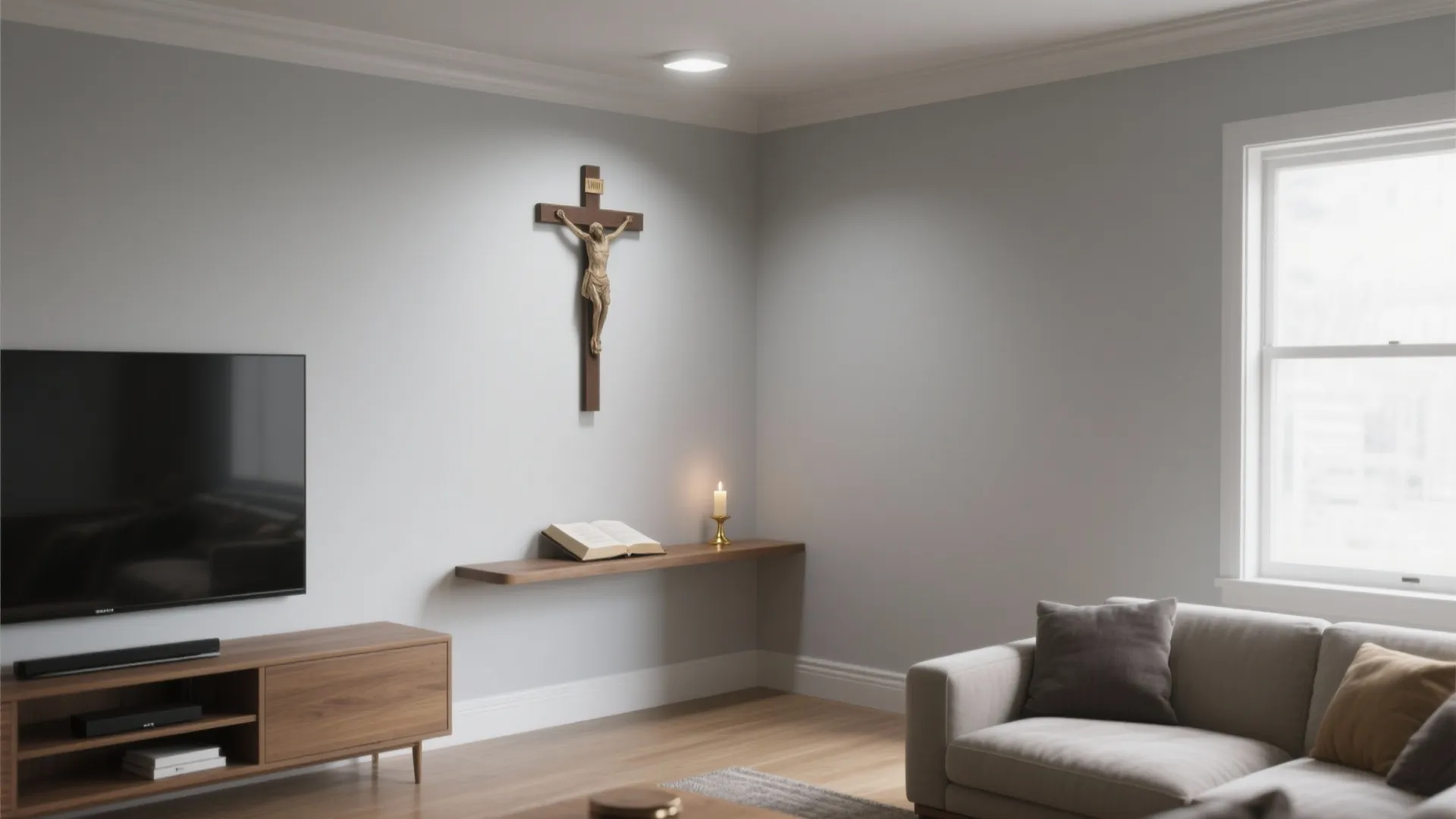Modern living room corner with a wooden shelf holding an open book and a candle