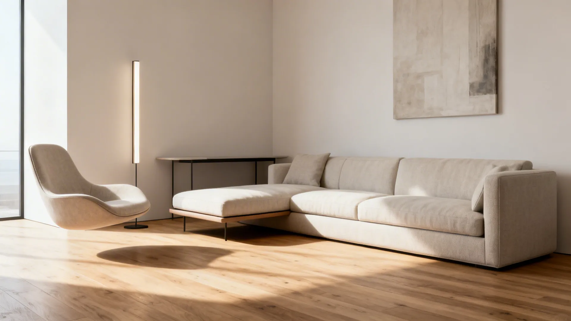 L-shaped sectional in a corner with a floating chair opposite and a slim console behind the chaise