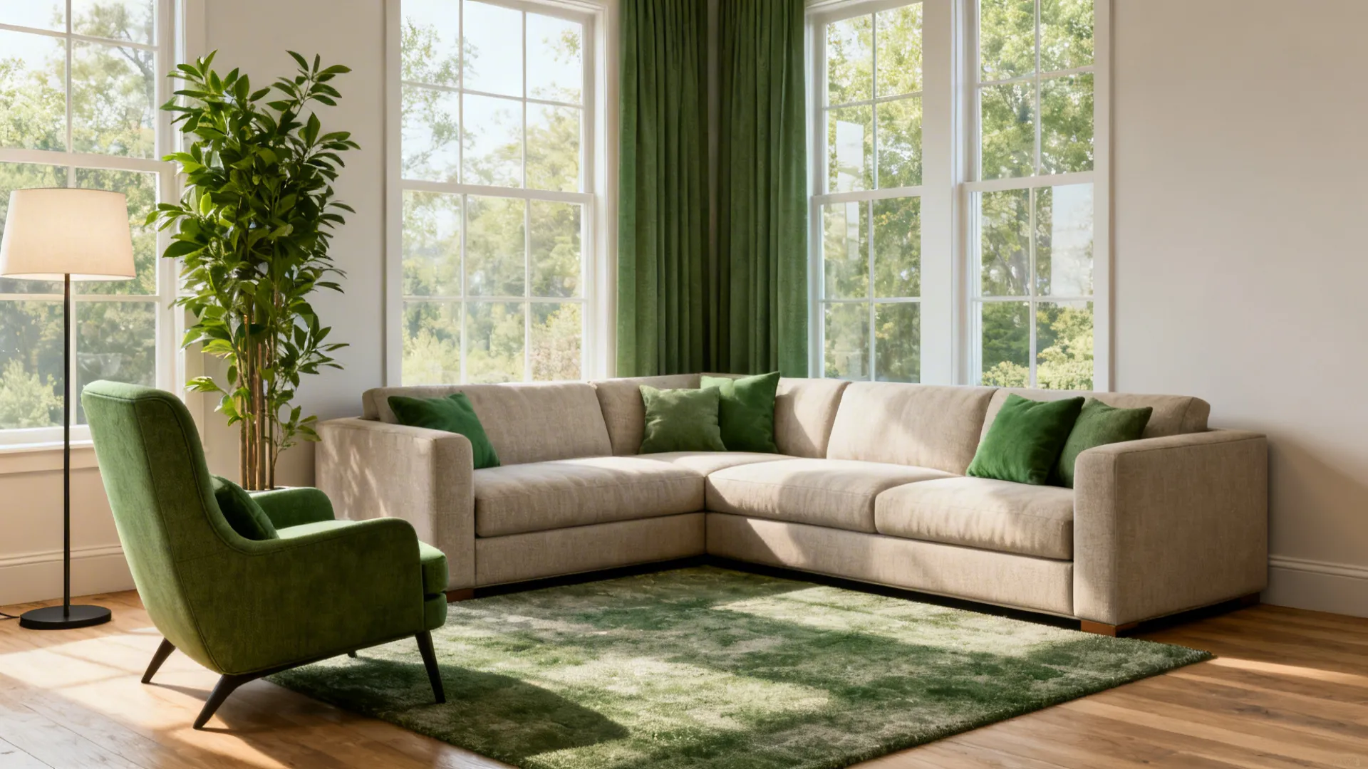Bright living room with green arm chair and large sofa near windows with green curtains