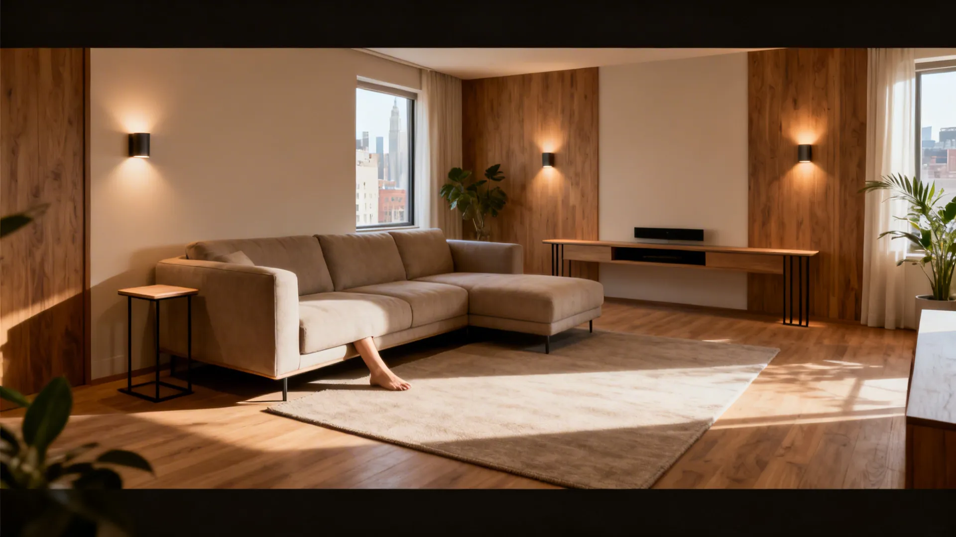 Corner-anchored L-shaped sofa with clear walking perimeter and bright lighting.